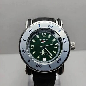 Mens Reebok Sport 40mm Date 100M Watch Silver Black Green Nylon Band New Battery